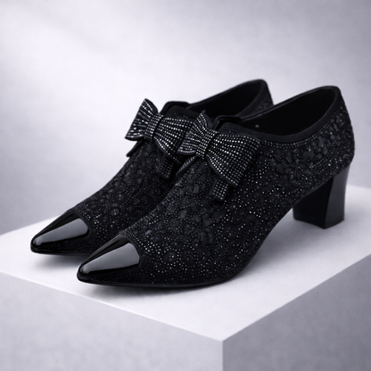 Women's Rhinestone Pointed-Toe Block Heels with Bow