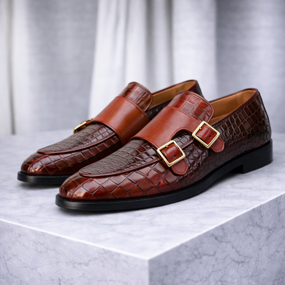 Marcello Croc-Embossed Italian Leather Double Monk Strap Orthopedic Shoes