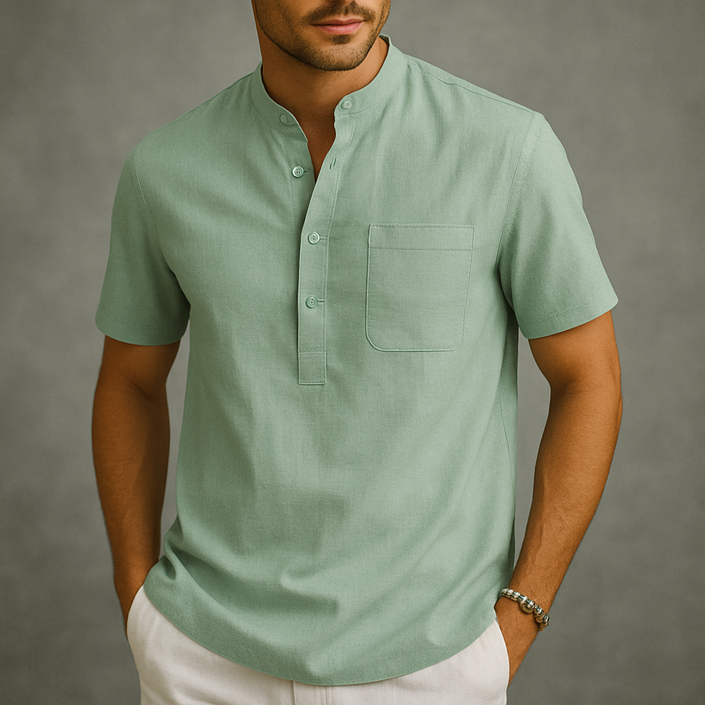 Men's Linen Band Collar Henley Shirt