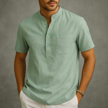 Men's Linen Band Collar Henley Shirt