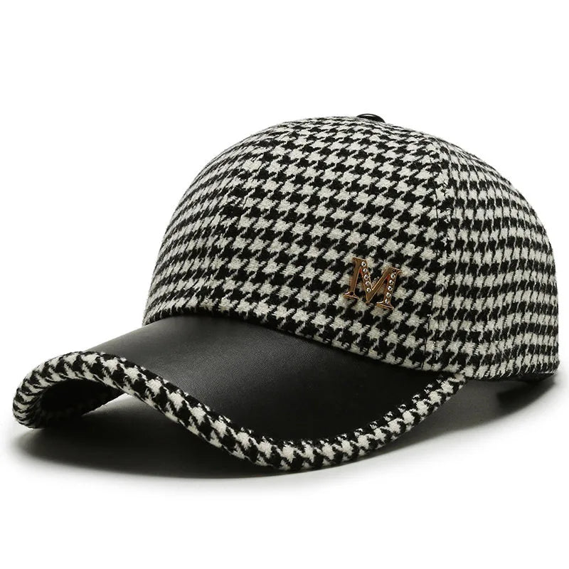 Men's Houndstooth Leather Brim Adjustable Cap
