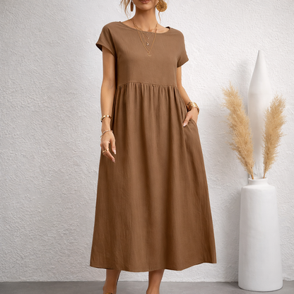 Women's Linen Relaxed Midi Dress with Pockets