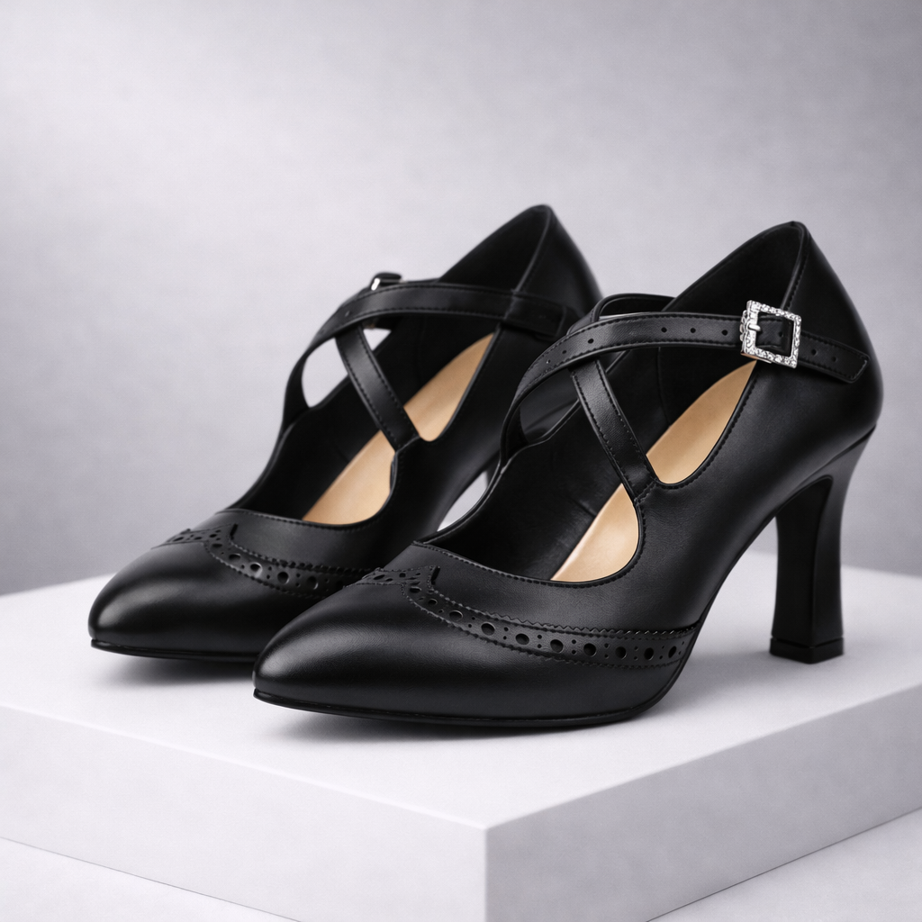 Women's Genuine Leather Block Heel T-Strap Orthopedic Heels