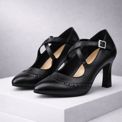 Women's Genuine Leather Block Heel T-Strap Orthopedic Heels