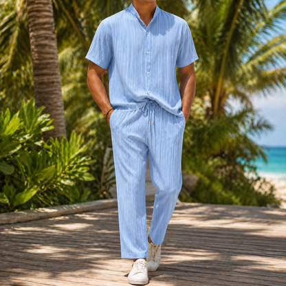 Men's Linen Short-Sleeve Shirt and Drawstring Pants Set