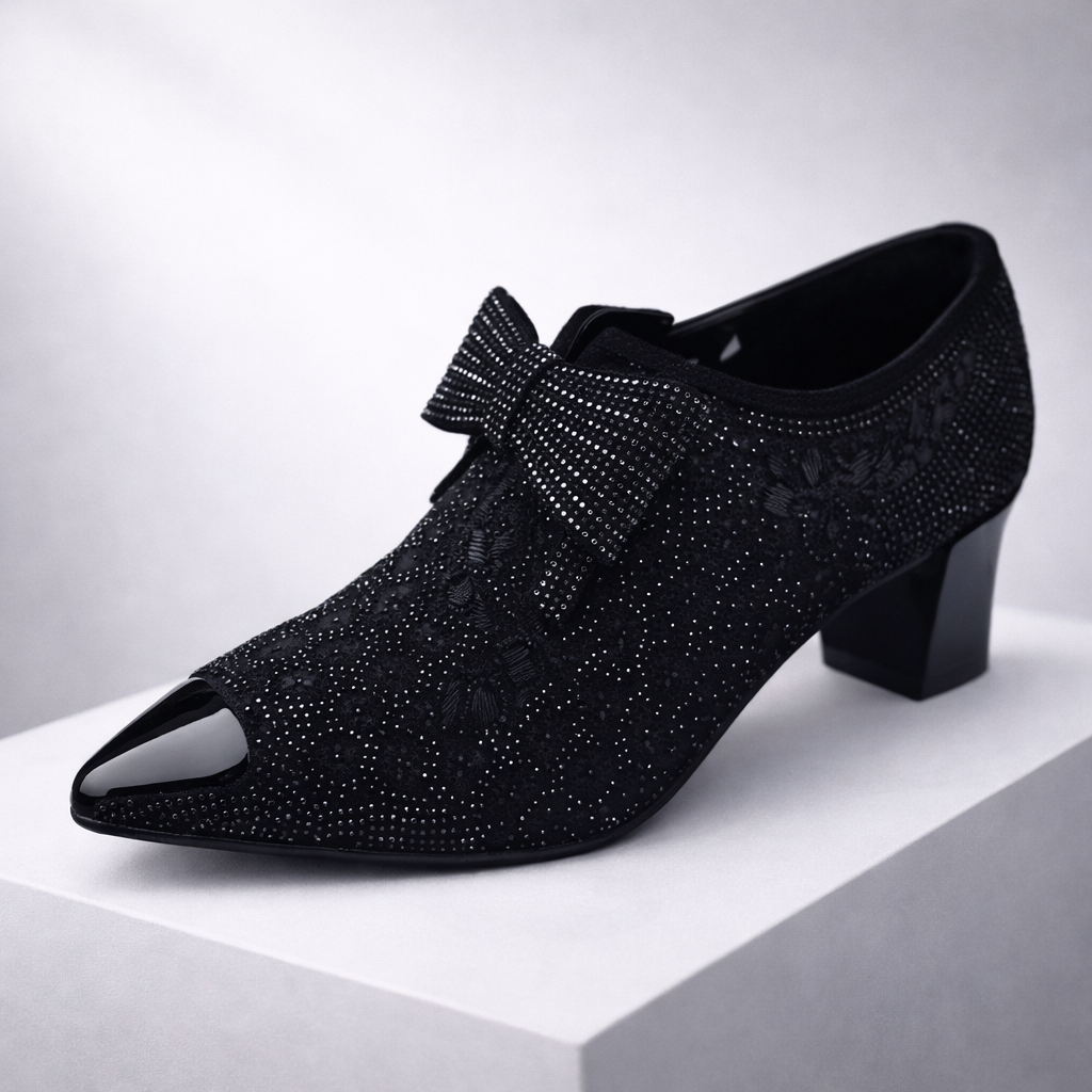 Women's Rhinestone Pointed-Toe Block Heels with Bow