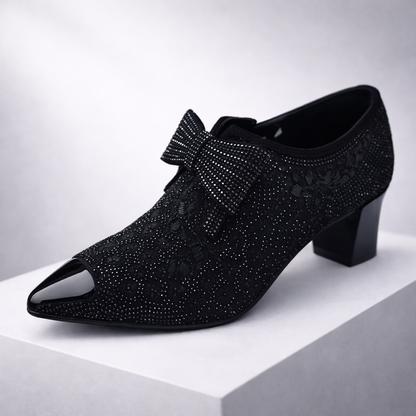 Women's Rhinestone Pointed-Toe Block Heels with Bow