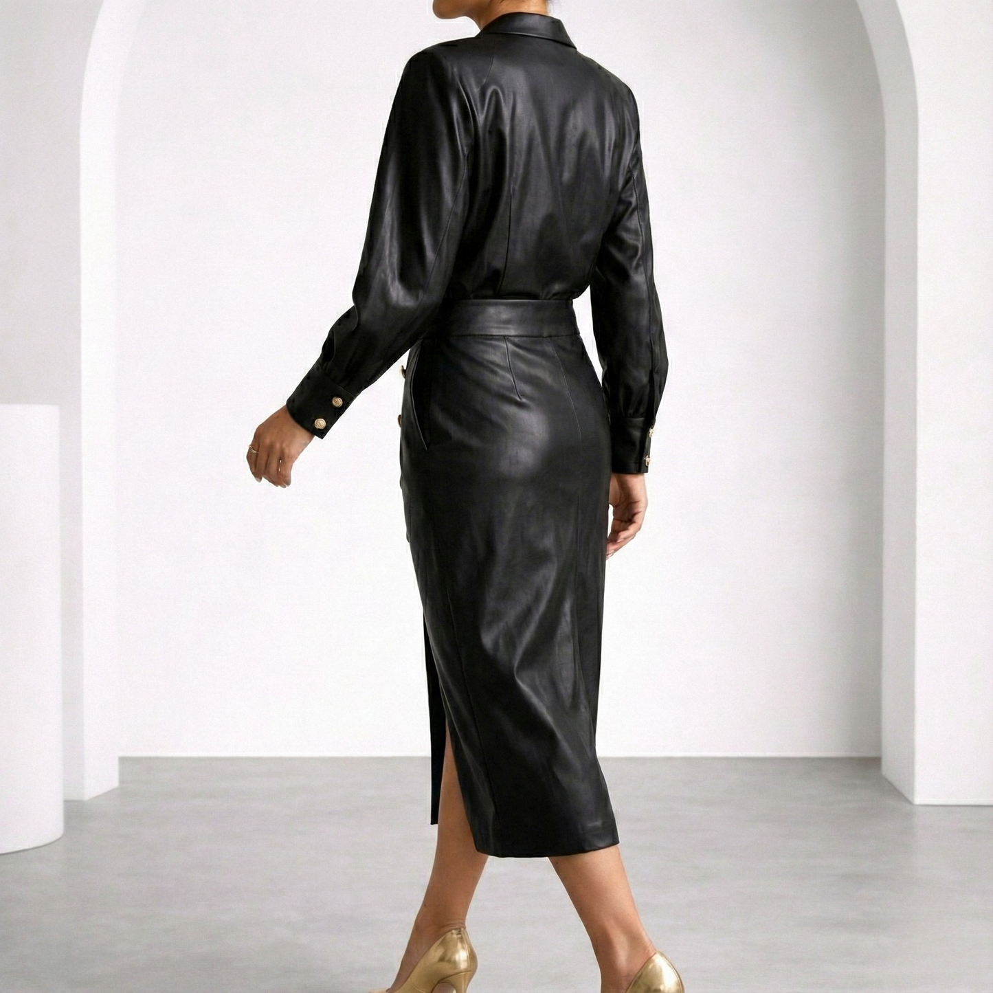 Italian Leather Belted Midi Dress with Gold Buttons – Women's Dress