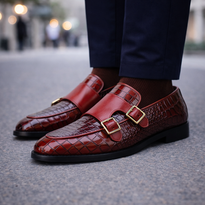 Marcello Croc-Embossed Italian Leather Double Monk Strap Orthopedic Shoes