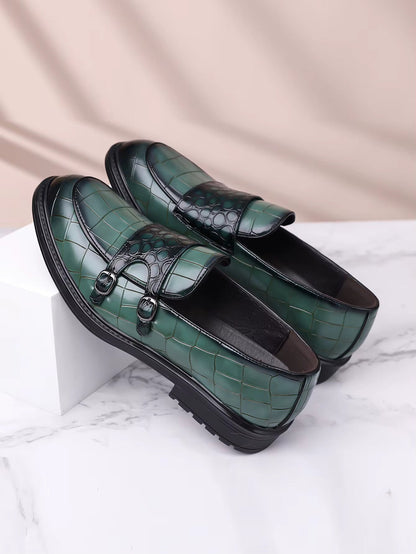 Calvaro Croc-Embossed Leather Double Monk Strap Orthopedic Shoes