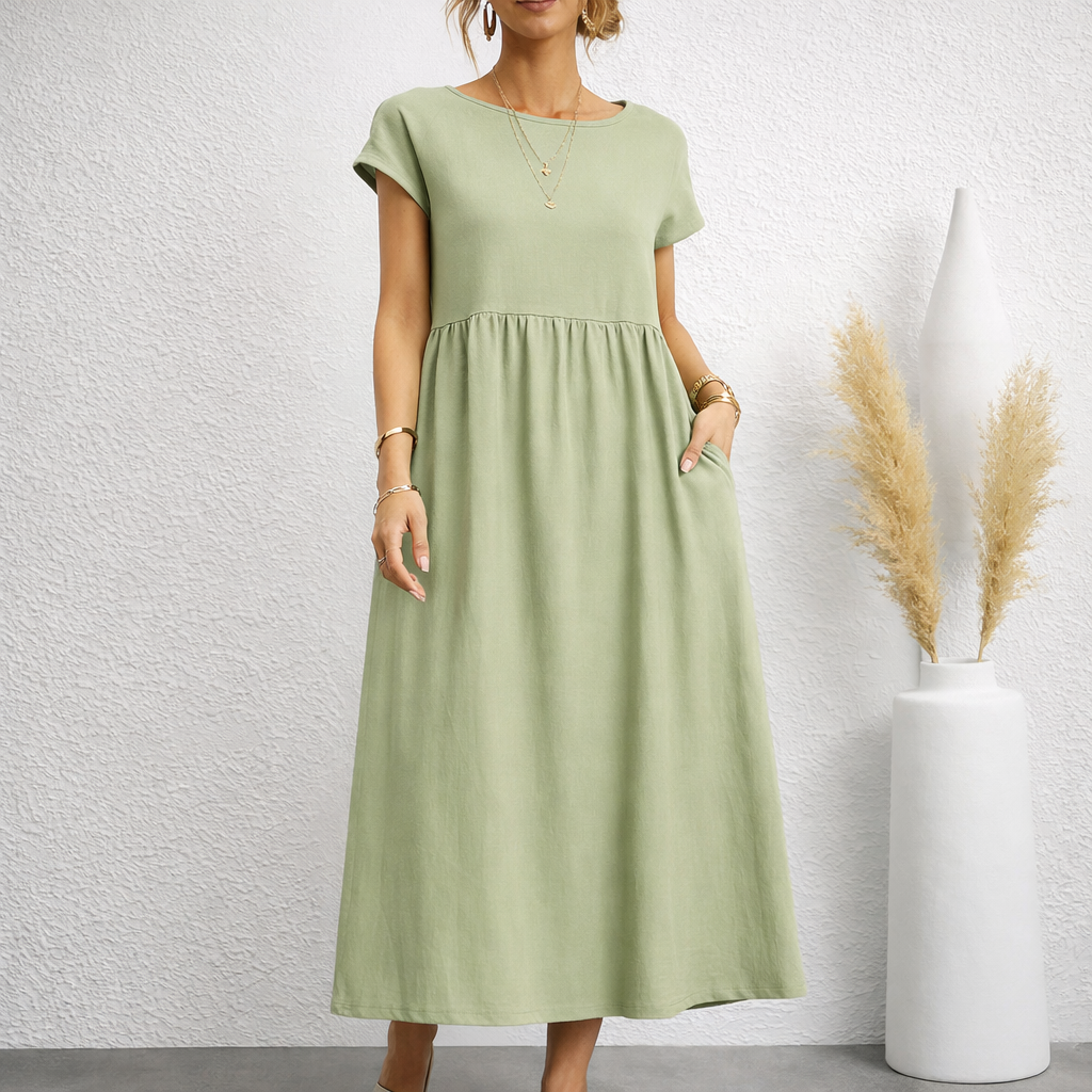 Women's Linen Relaxed Midi Dress with Pockets