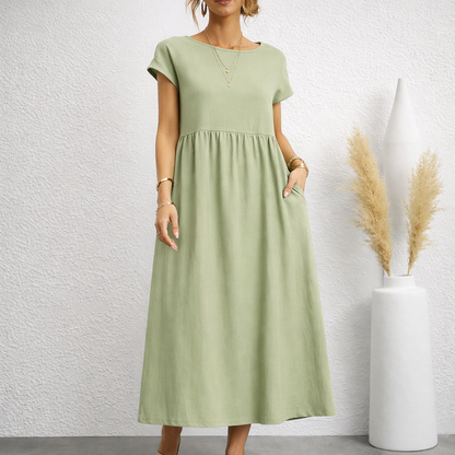 Women's Linen Relaxed Midi Dress with Pockets