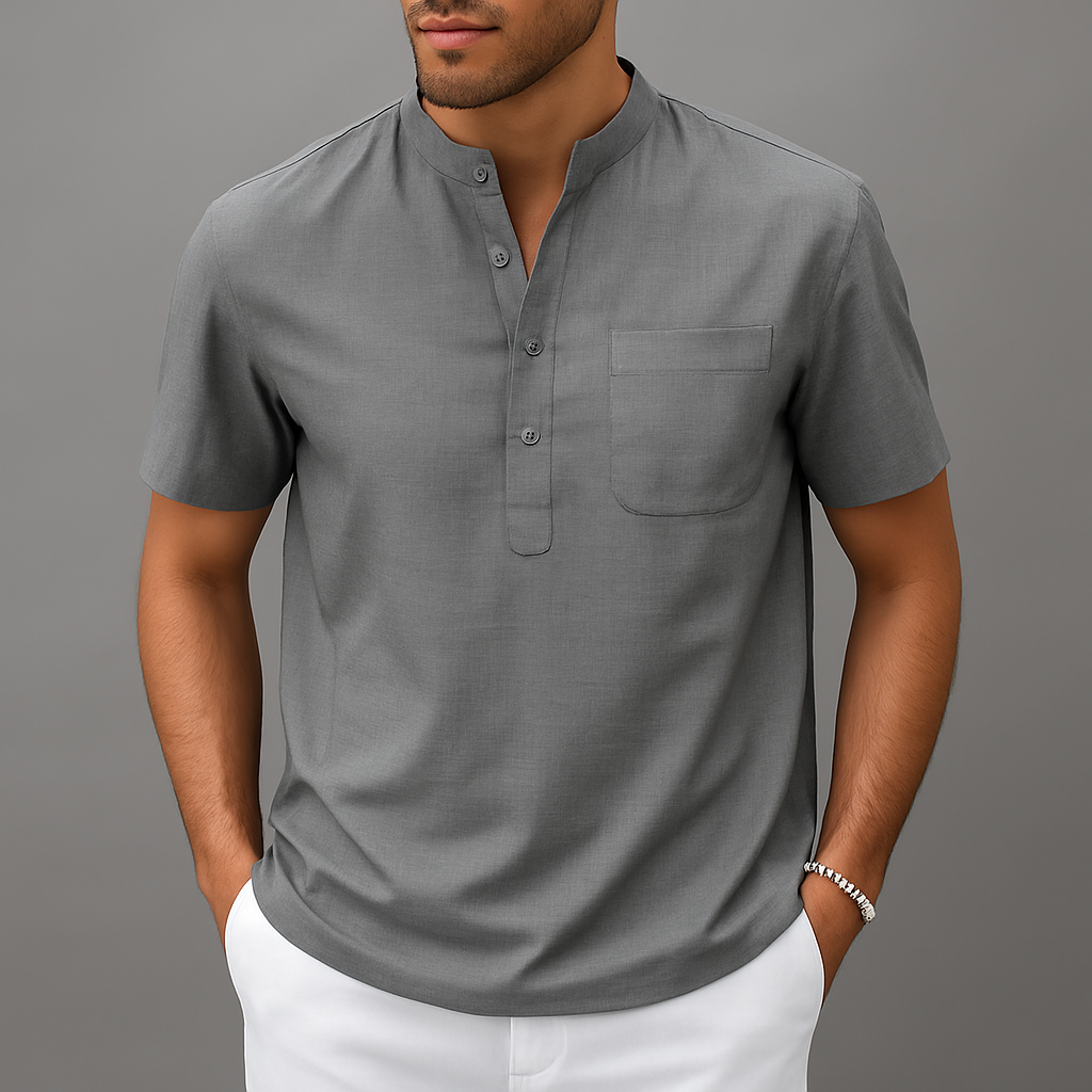 Men's Linen Band Collar Henley Shirt