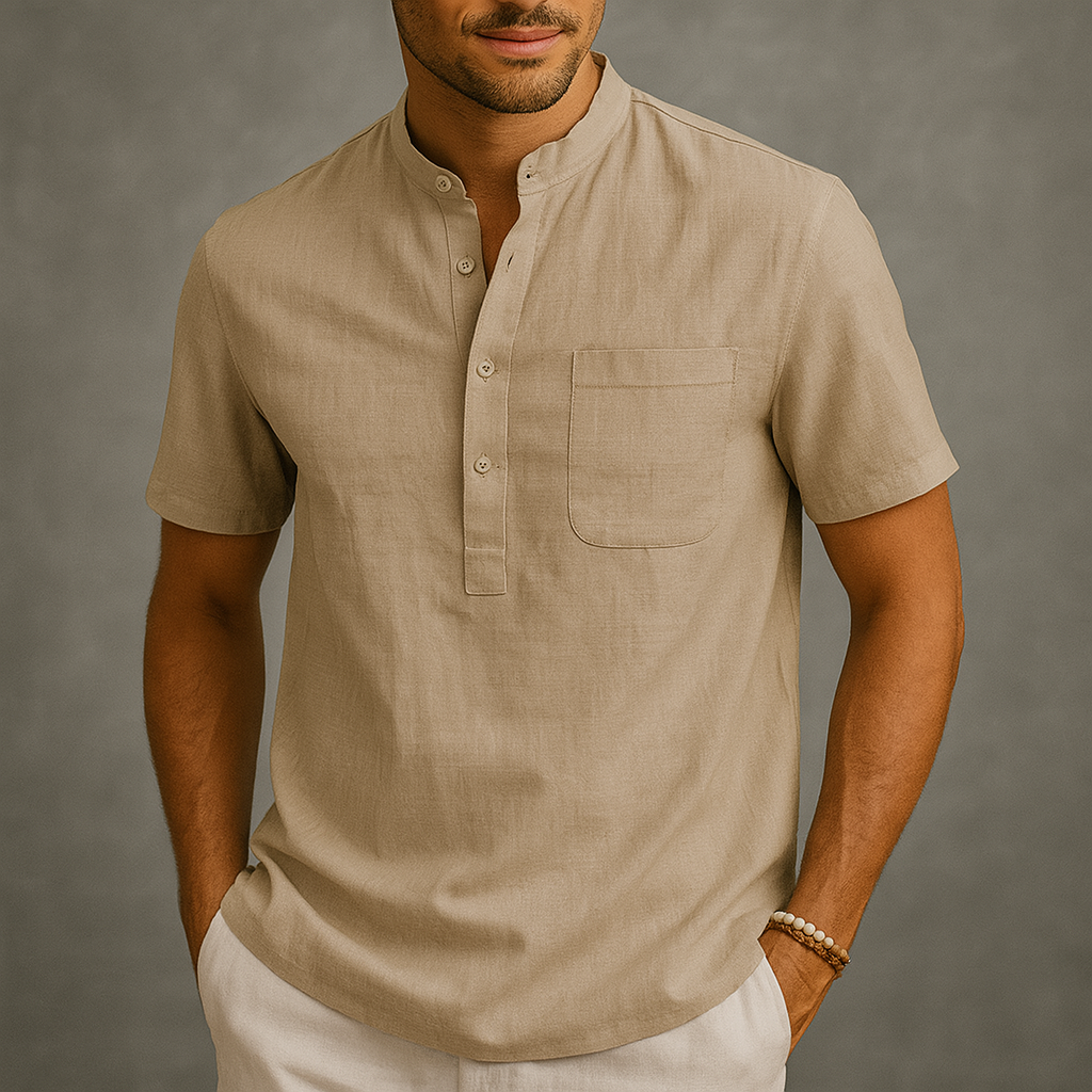 Men's Linen Band Collar Henley Shirt