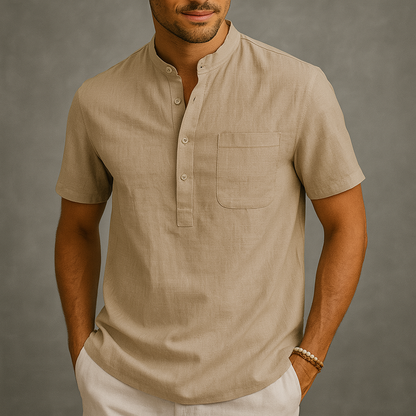 Men's Linen Band Collar Henley Shirt