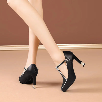 Women's Genuine Leather Block Heels with Buckle