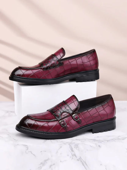 Calvaro Croc-Embossed Leather Double Monk Strap Orthopedic Shoes