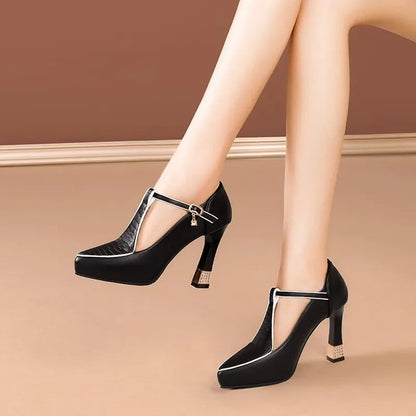 Women's Genuine Leather Block Heels with Buckle