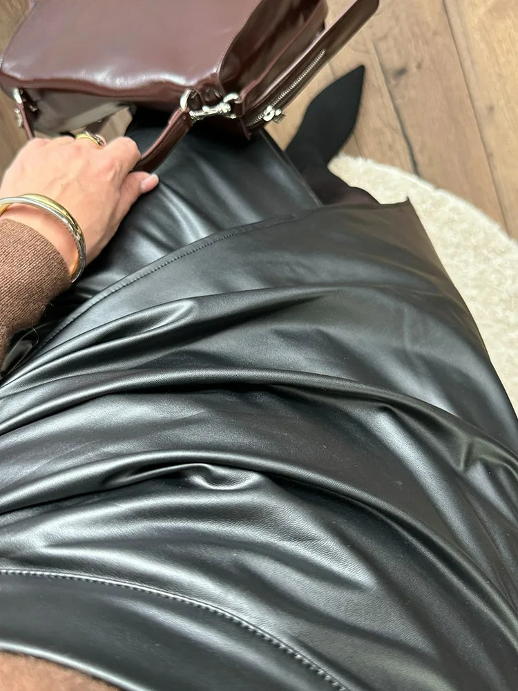 Women's Vegan Leather Wrap Midi Skirt