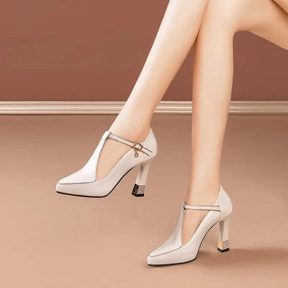 Women's Genuine Leather Block Heels with Buckle