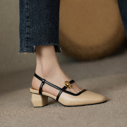 Women's Italian Leather Block Heels with Buckle
