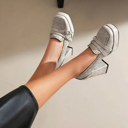 Women's Genuine Leather Block Heels with Buckle Strap