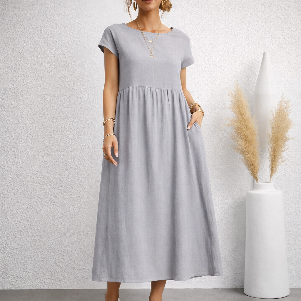 Women's Linen Relaxed Midi Dress with Pockets