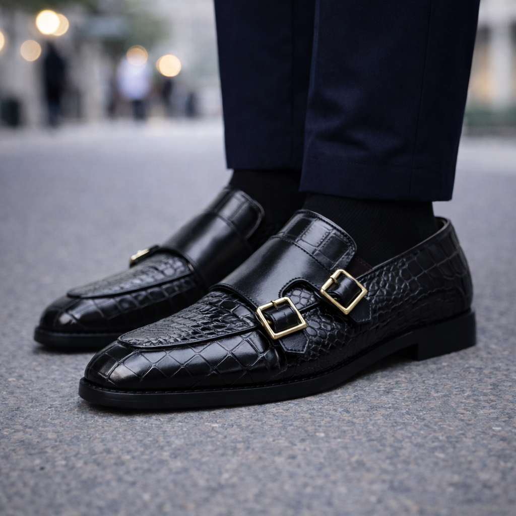 Marcello Croc-Embossed Italian Leather Double Monk Strap Orthopedic Shoes