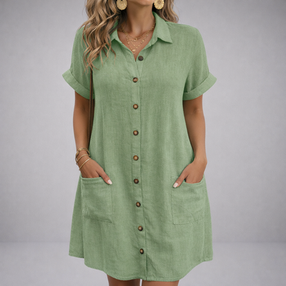 Women's Linen Blend Button-Up Dress with Pockets