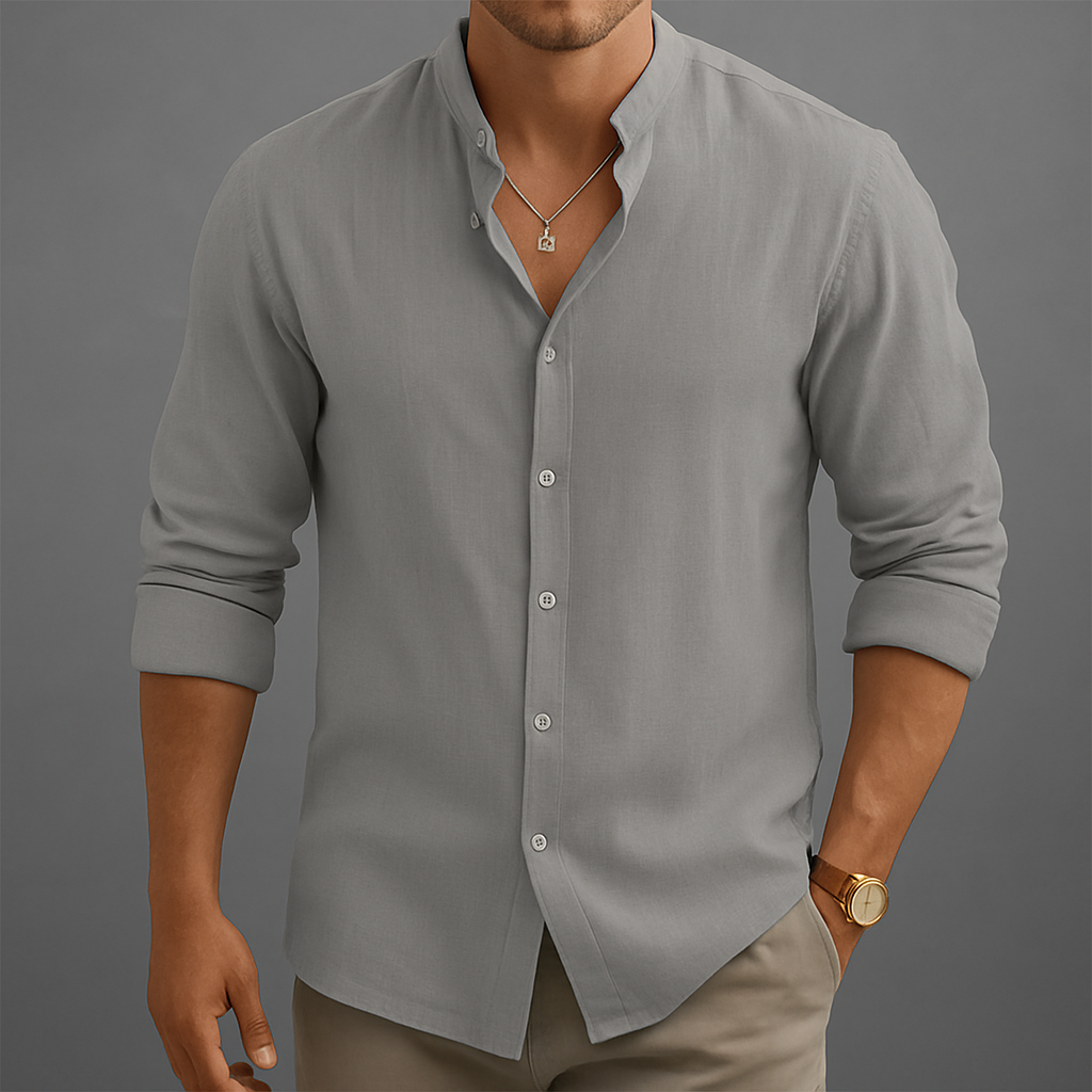 Men's Linen Band Collar Shirt