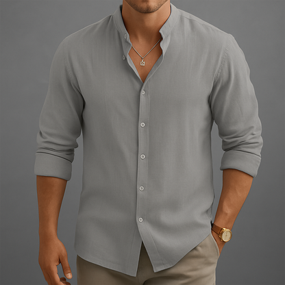 Men's Linen Band Collar Shirt