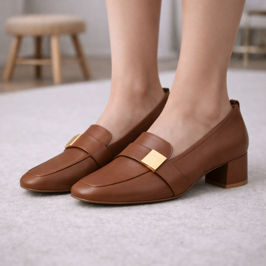 Women's Italian Leather Block Heels with Orthopedic Footbed