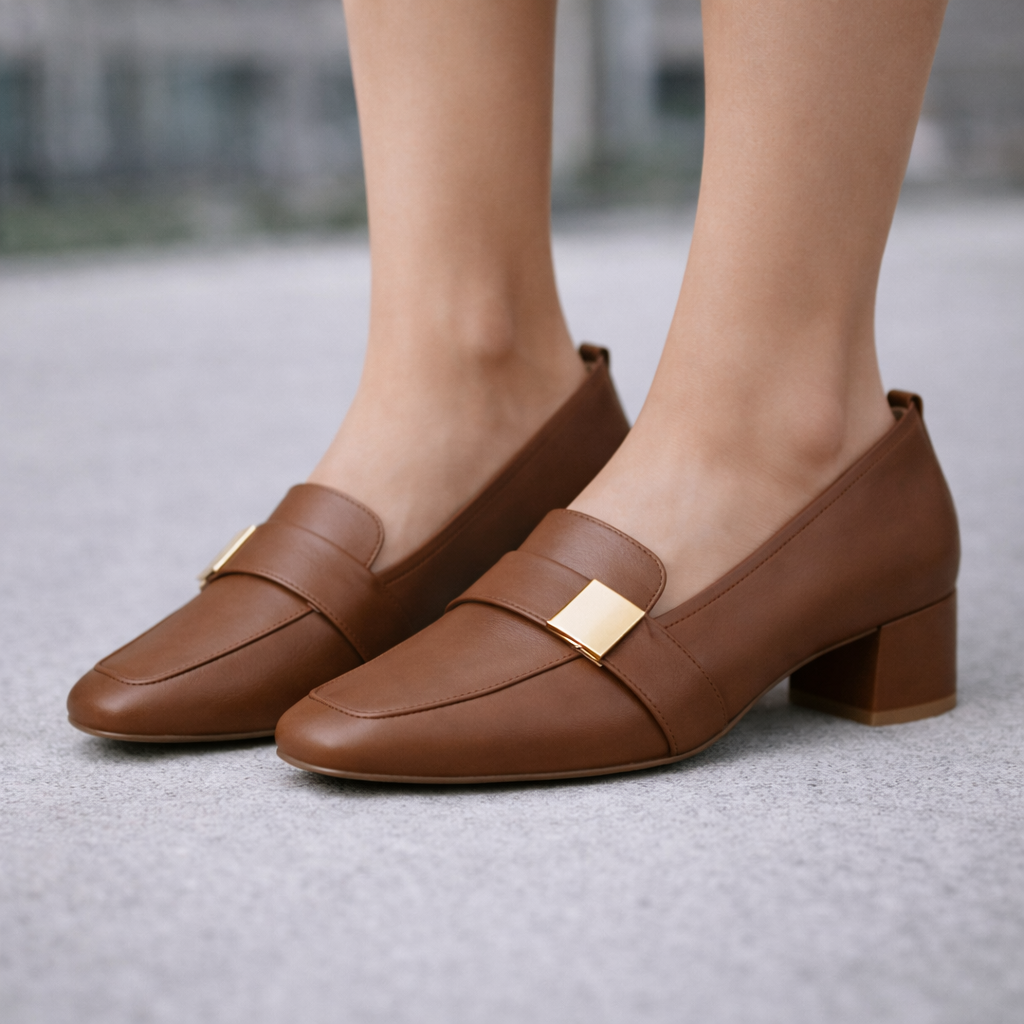 Women's Italian Leather Block Heels with Orthopedic Footbed