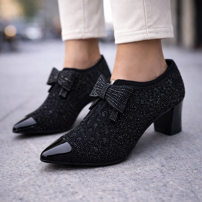 Women's Rhinestone Pointed-Toe Block Heels with Bow