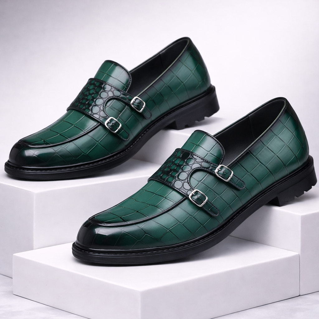 Calvaro Croc-Embossed Leather Double Monk Strap Orthopedic Shoes