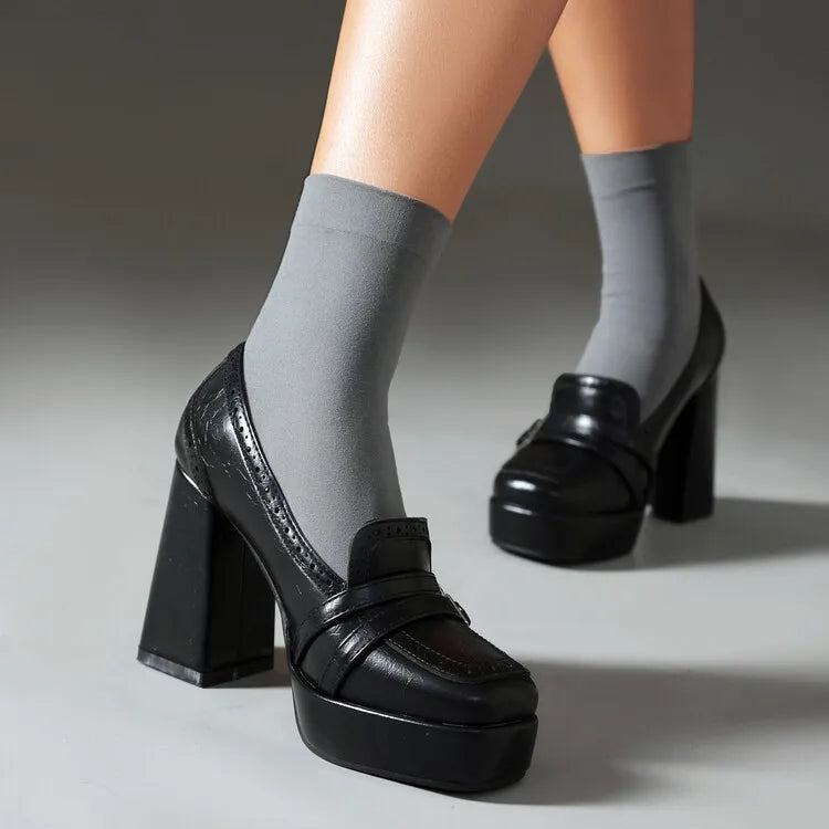 Women's Genuine Leather Block Heels with Buckle Strap