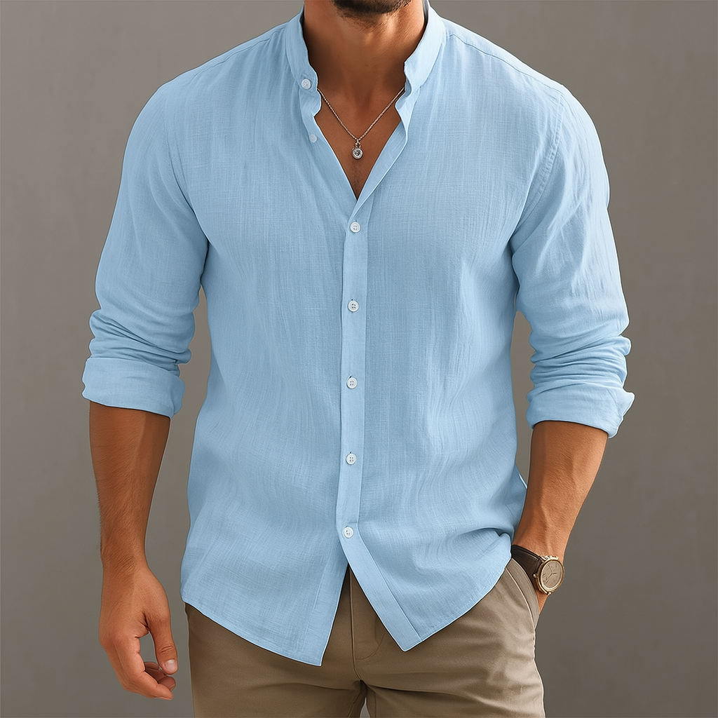Men's Linen Band Collar Shirt