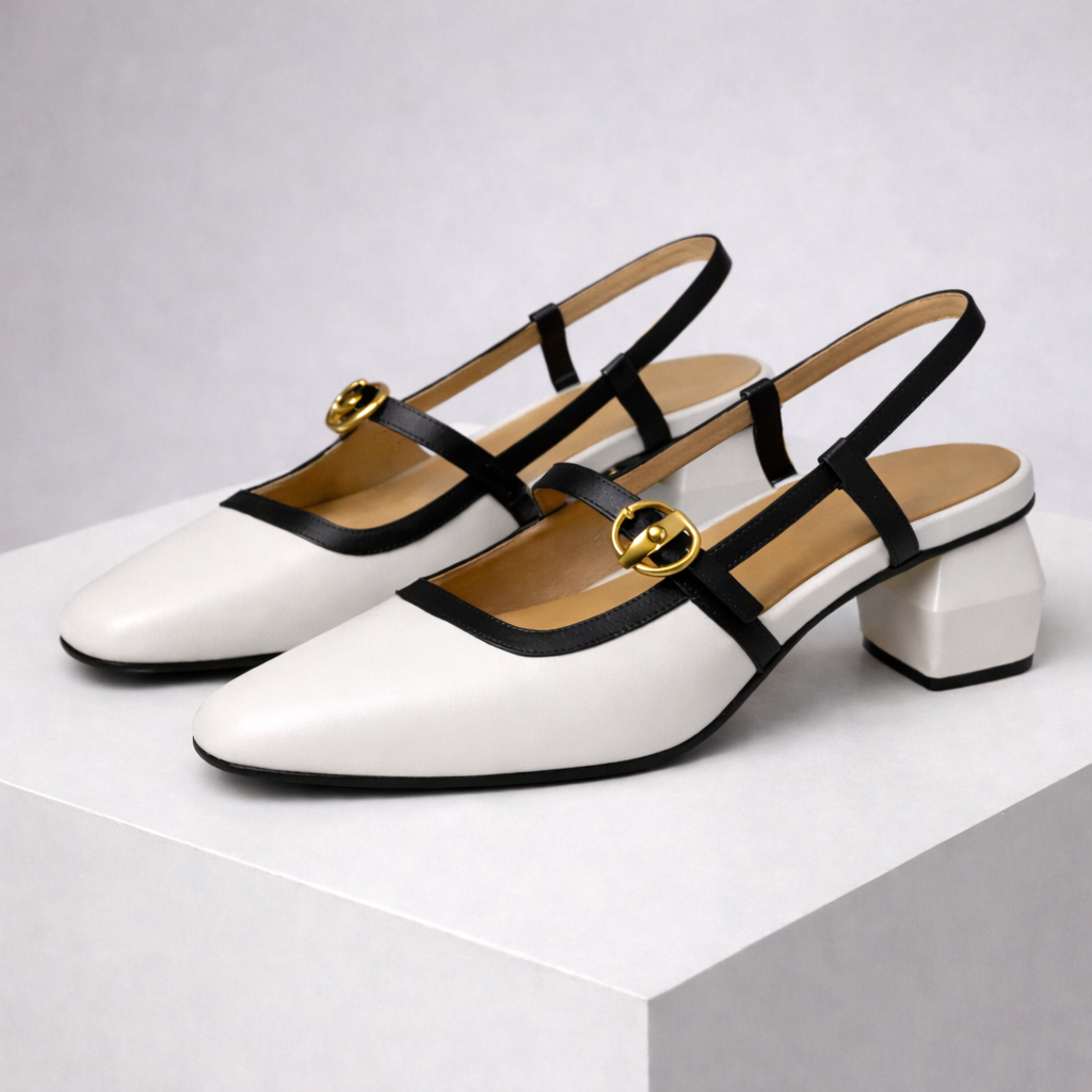 Women's Italian Leather Block Heels with Buckle