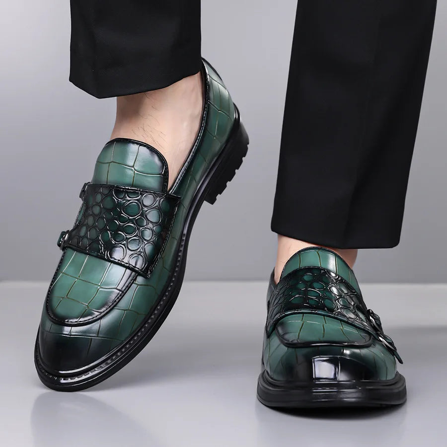 Calvaro Croc-Embossed Leather Double Monk Strap Orthopedic Shoes