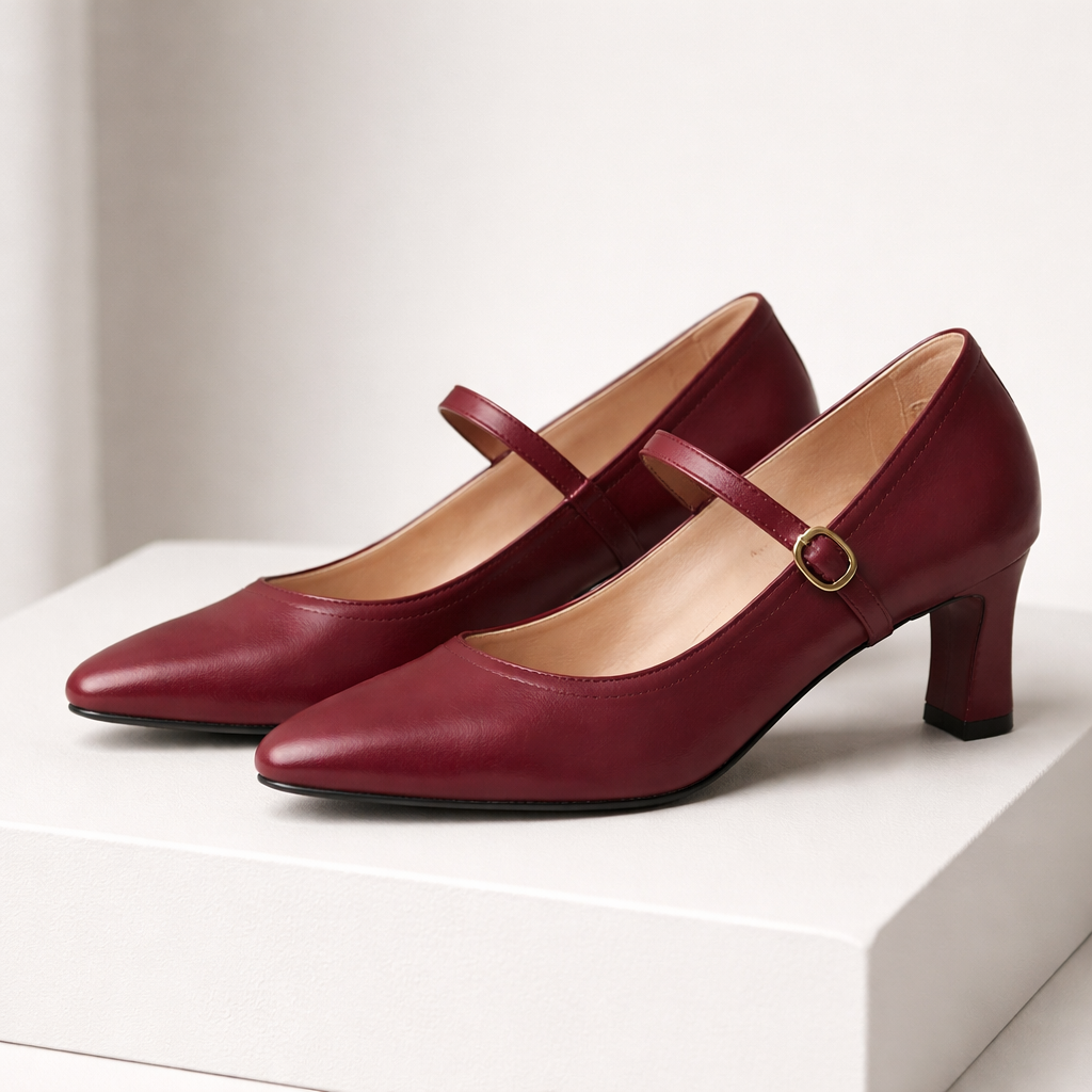 Women's Italian Leather Block Heel Pumps with Buckle