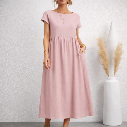 Women's Linen Relaxed Midi Dress with Pockets
