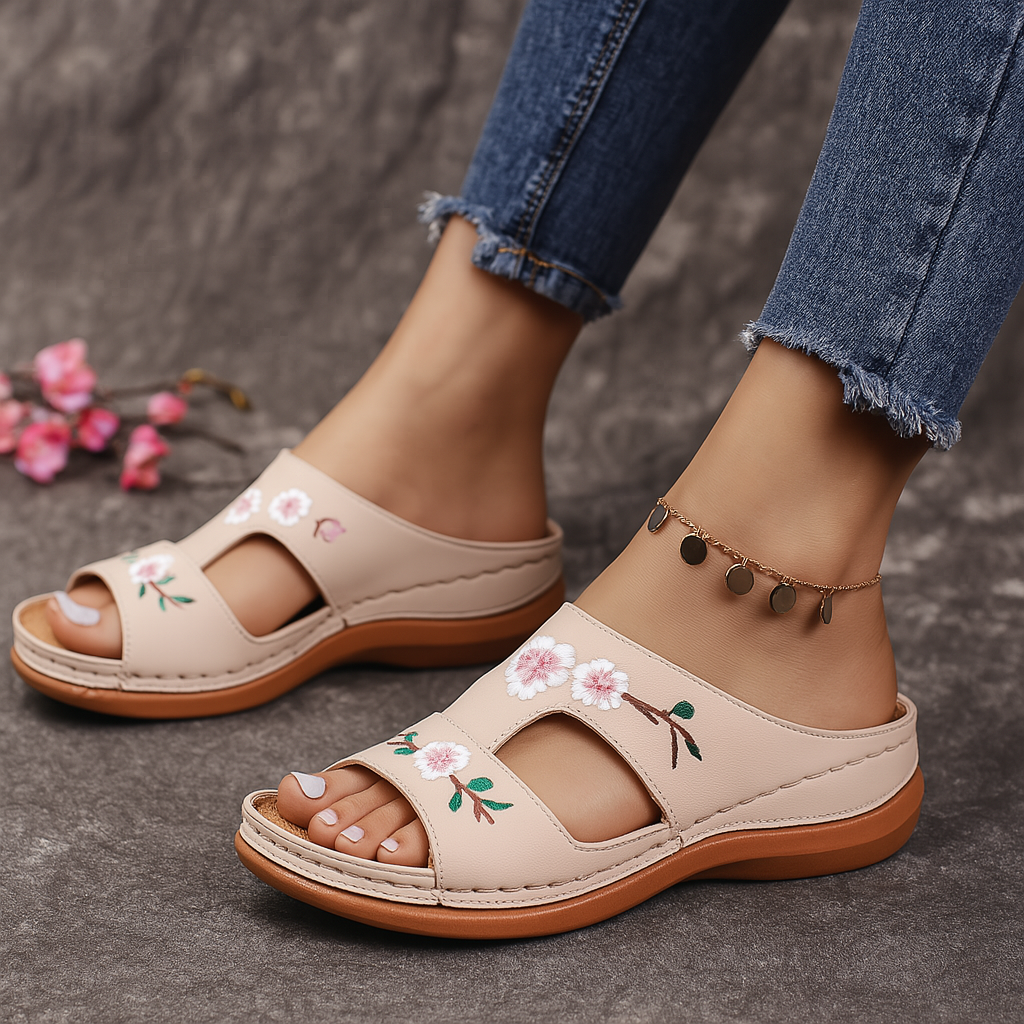 Women's Embroidered Vegan Leather Slip-On Sandals