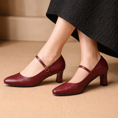 Women's Italian Leather Block Heel Pumps with Buckle