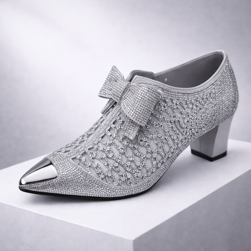 Women's Rhinestone Pointed-Toe Block Heels with Bow