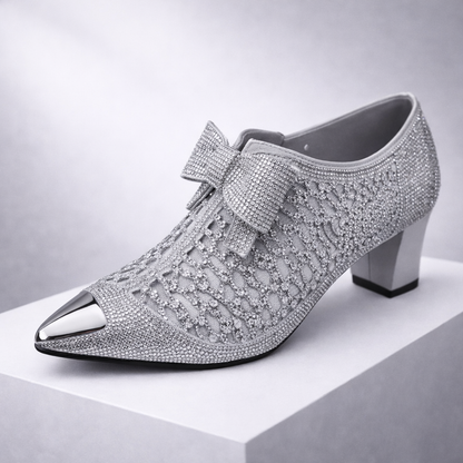 Women's Rhinestone Pointed-Toe Block Heels with Bow