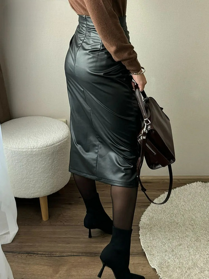 Women's Vegan Leather Wrap Midi Skirt