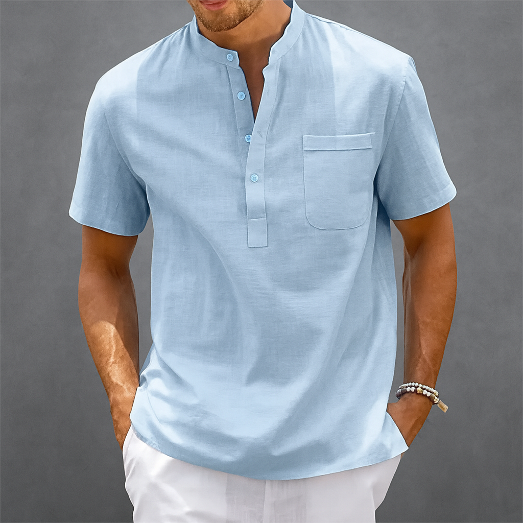 Men's Linen Band Collar Henley Shirt