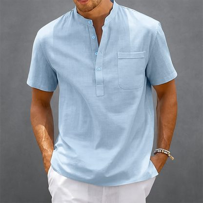 Men's Linen Band Collar Henley Shirt