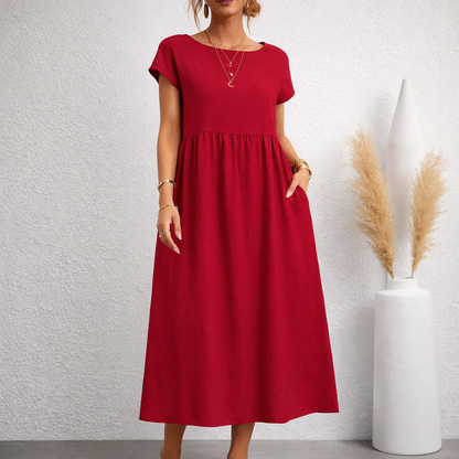 Women's Linen Relaxed Midi Dress with Pockets