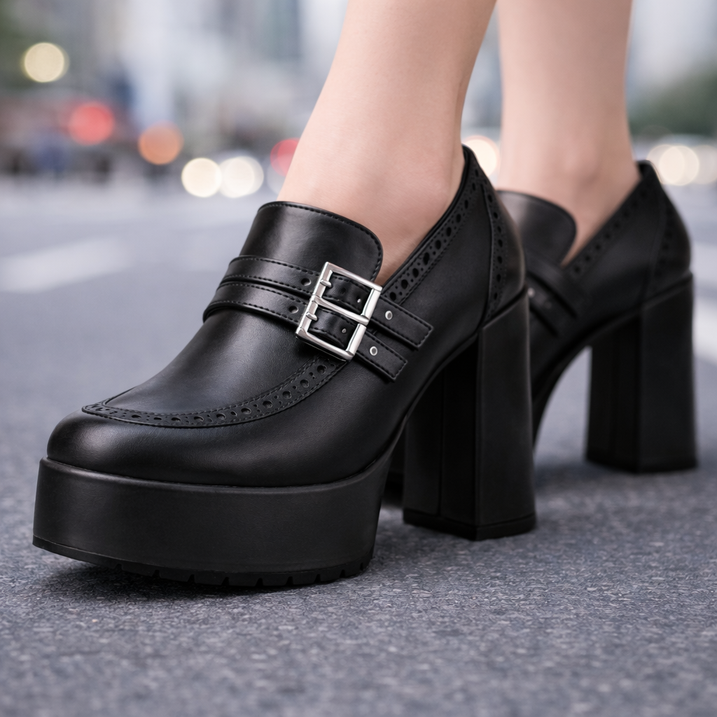 Women's Genuine Leather Block Heels with Buckle Strap